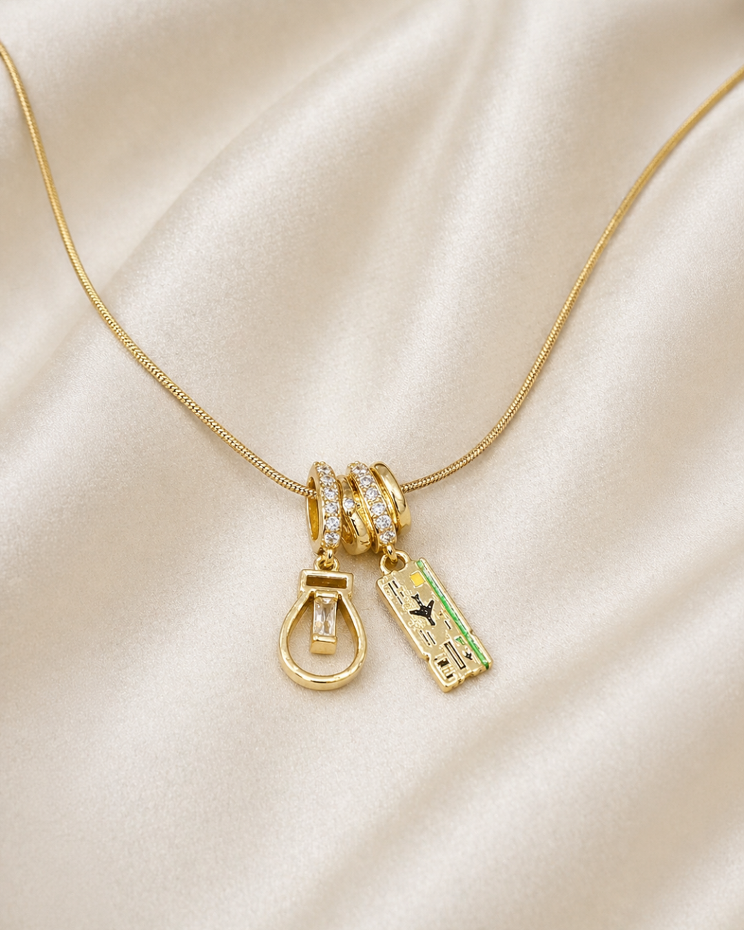 Gold Multi Charm Pendant Necklace for Women – Crystal Ring & Unique Charm Layered Necklace | Elegant Statement Jewelry Gift