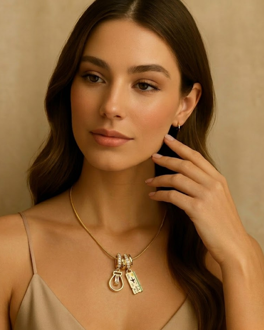Gold Multi Charm Pendant Necklace for Women – Crystal Ring & Unique Charm Layered Necklace | Elegant Statement Jewelry Gift