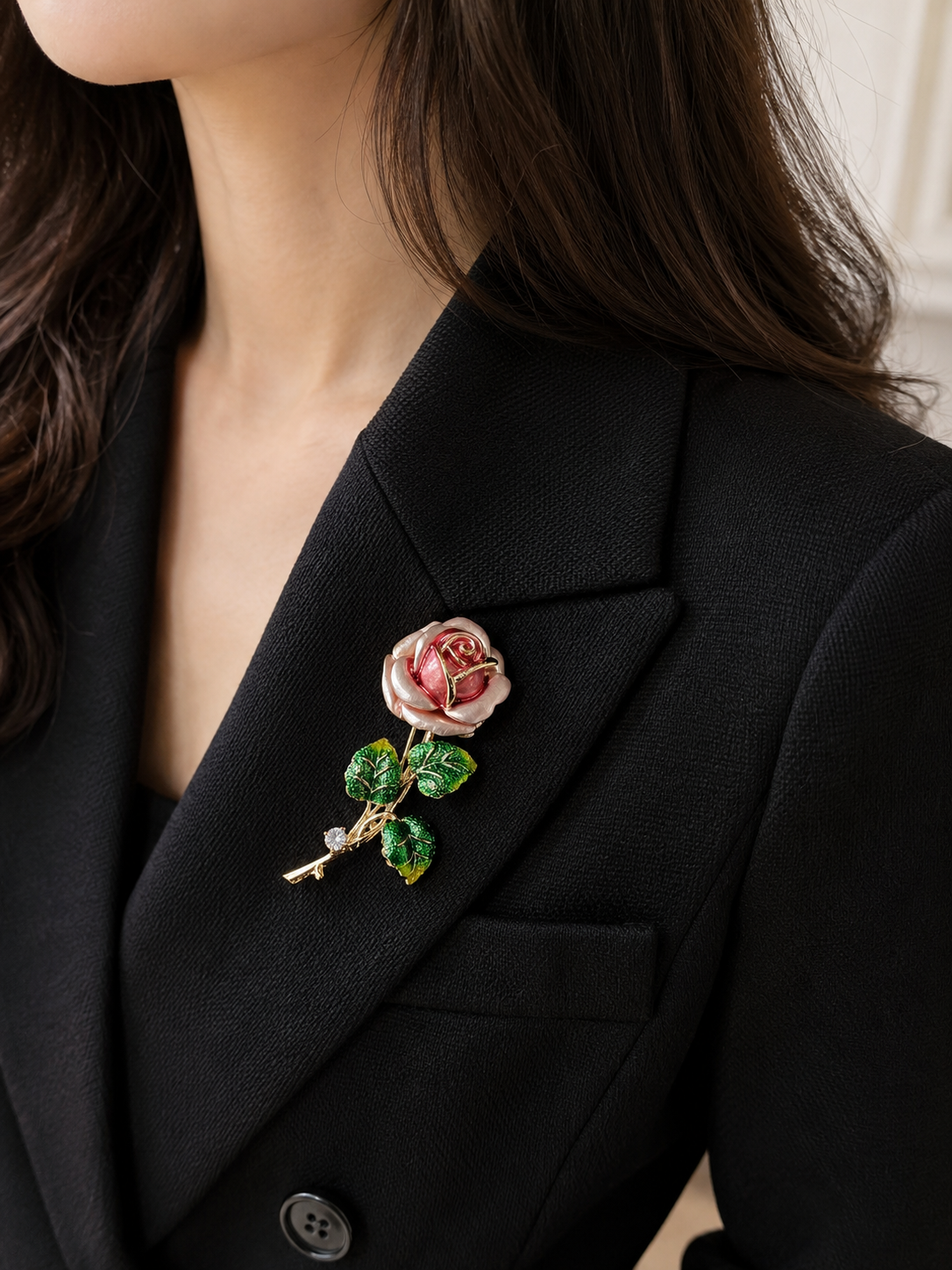 Blush Rose Floral Brooch Pin for Women & Men | Elegant Vintage Crystal Lapel Pin