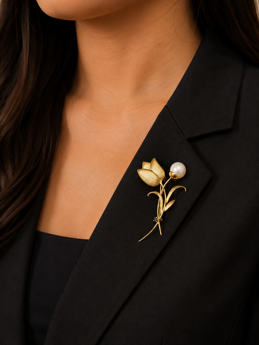 Luxury Gold Tulip Pearl Brooch Pin for Women – Elegant Floral Designer Brooch