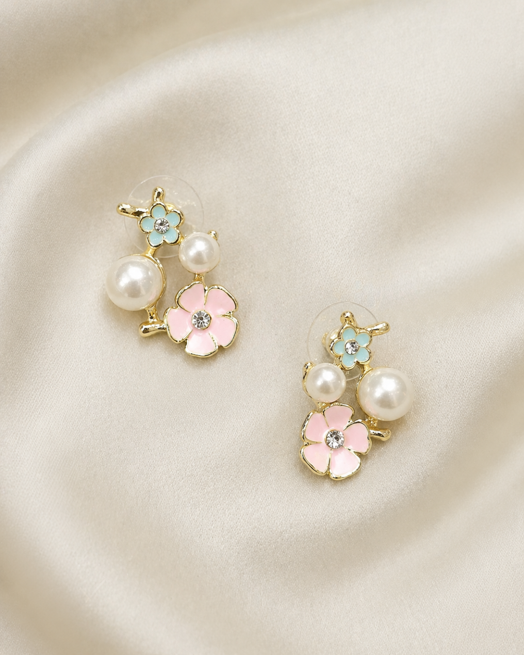 Floral Pearl Stud Earrings for Women | Gold-Plated Flower Earrings with Enamel & Pearl Drops | Elegant Lightweight Jewelry