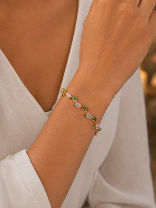 Elegant Tulip Crystal Bracelet for Women – Gold Plated Green Leaf & Pink Stone Bracelet