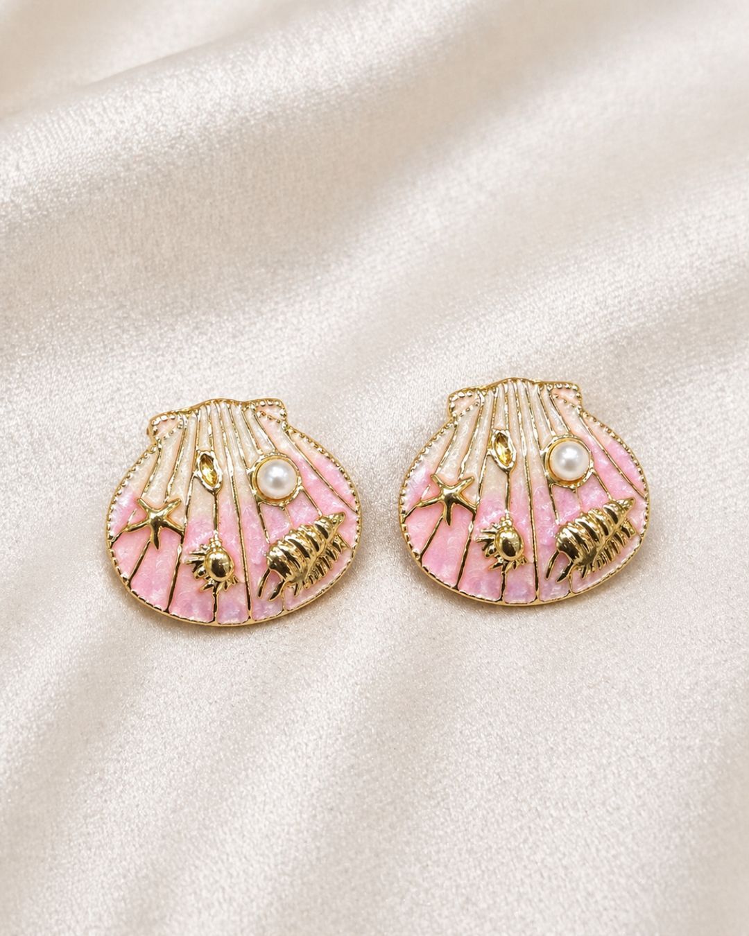 Pink Seashell Stud Earrings for Women | Gold-Plated Ocean-Inspired Enamel Earrings | Elegant Lightweight Designer Jewelry