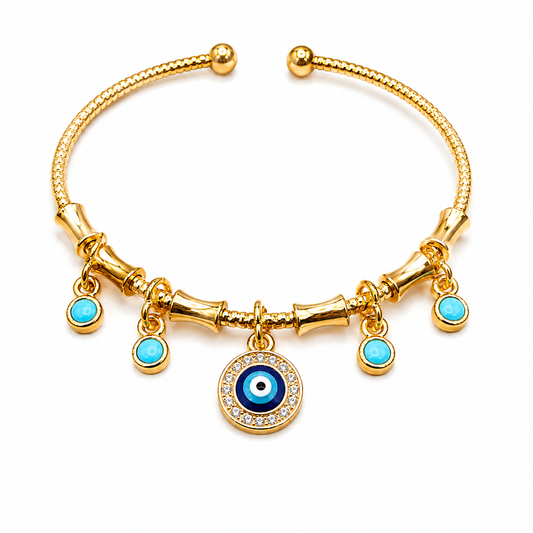 Evil Eye Gold Kada for Women – Adjustable Nazar Charm Fashion Kada with Blue Stone Charms