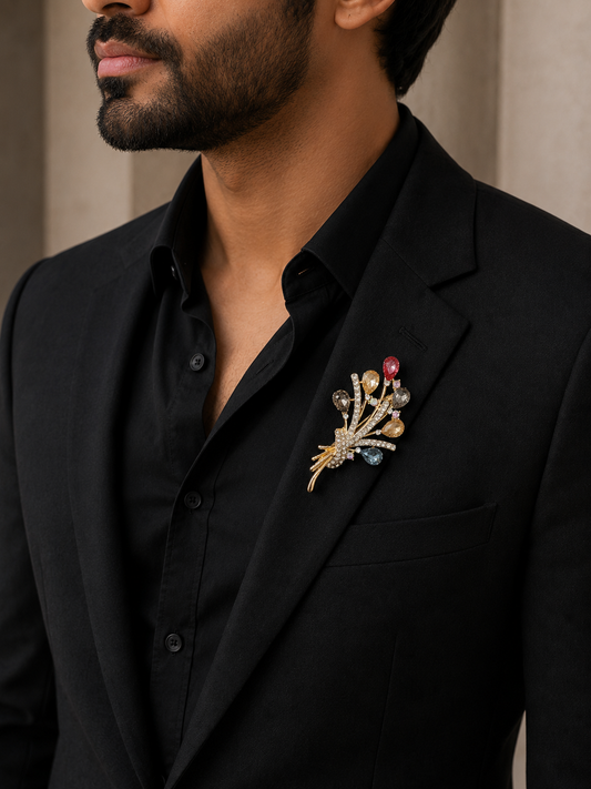 Luxury Multicolor Crystal Bouquet Brooch Pin for Men & Women – Premium Gold Finish Lapel Accessory