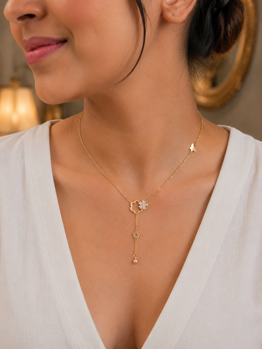 Elegant Gold Floral Drop Necklace with Butterfly Charm for Women