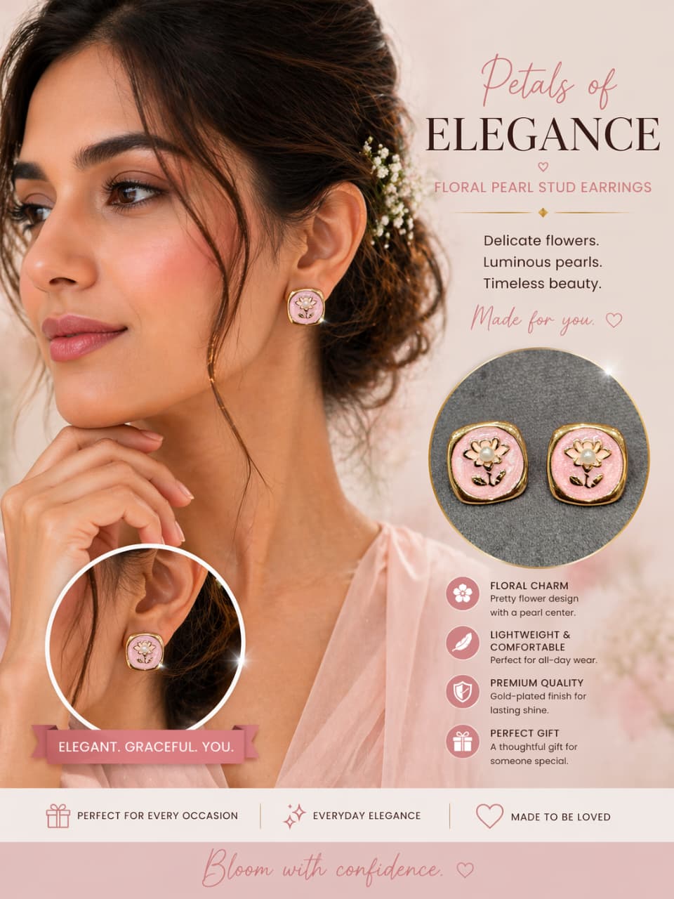 Pink Floral Pearl Stud Earrings for Women | Gold-Plated Square Enamel Studs | Elegant Lightweight Jewelry