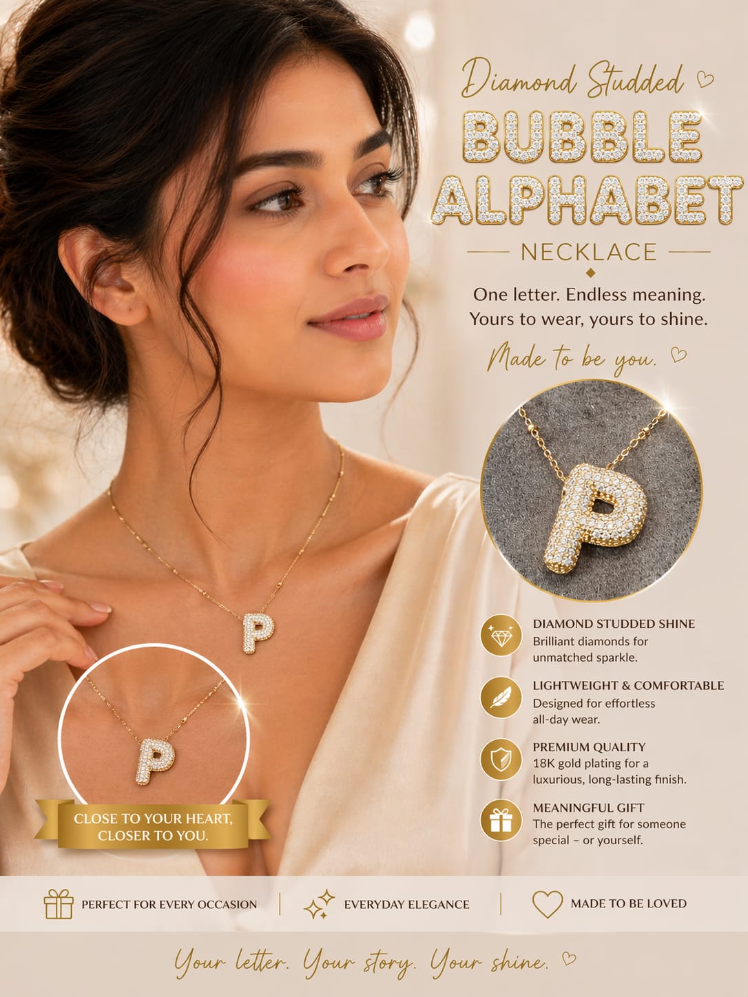 Diamond Studded Bubble Alphabet Necklace for Women | Gold-Plated Initial Pendant Chain | Personalized Letter Jewelry