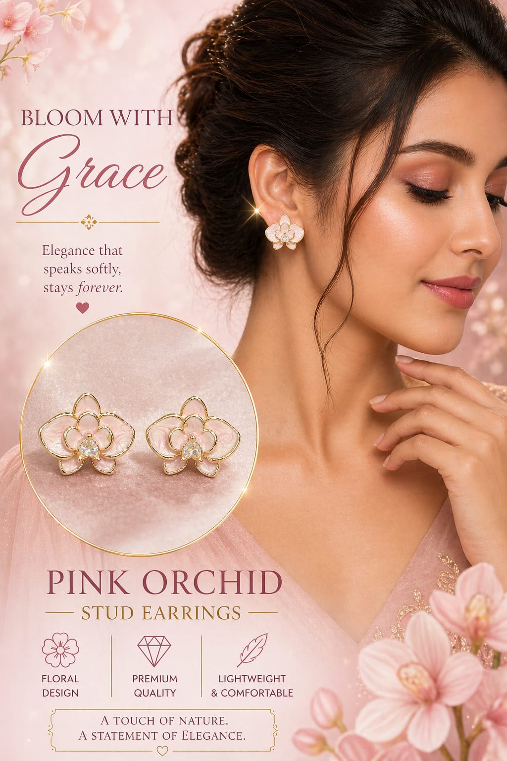 Pink Orchid Stud Earrings for Women | Gold-Plated Floral Enamel Earrings | Elegant Lightweight Designer Jewelry