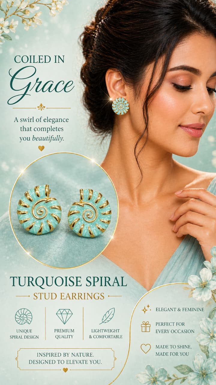Turquoise Spiral Stud Earrings for Women | Gold-Plated Enamel Statement Studs | Elegant Lightweight Designer Jewelry