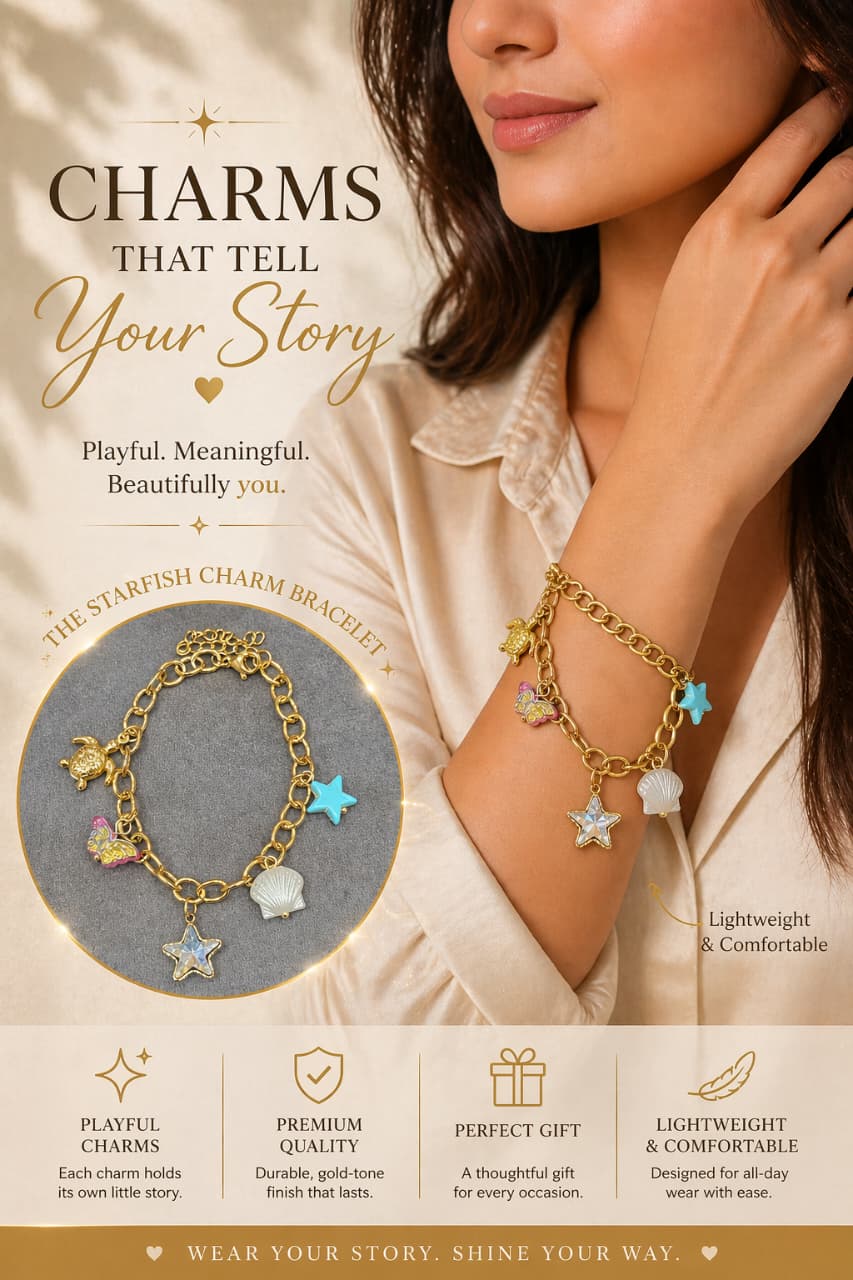 Starfish Charm Bracelet for Women – Gold Plated Ocean-Themed Multi Charm Bracelet | Shell, Butterfly & Star Jewelry Gift