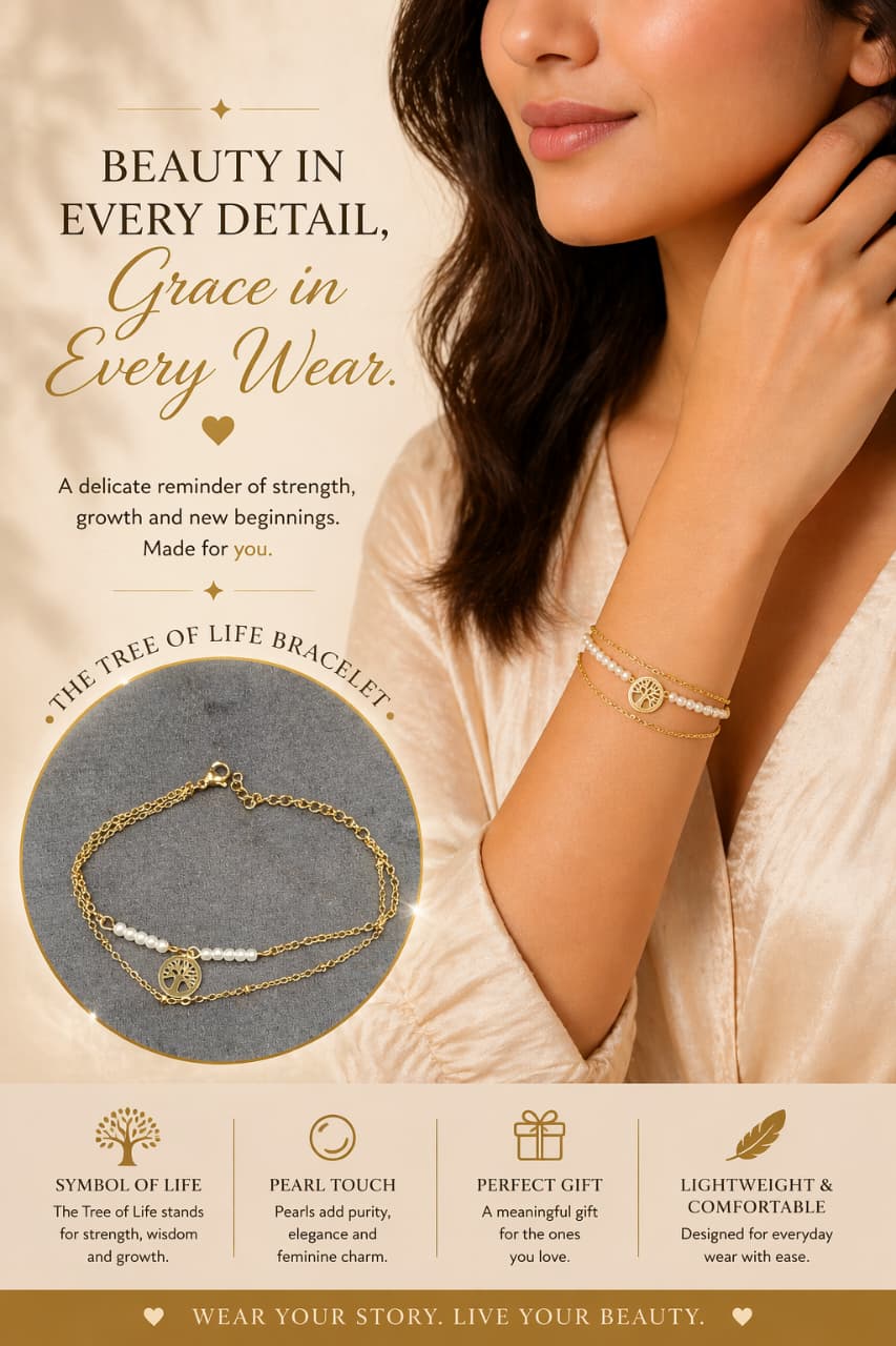 Tree of Life Bracelet for Women – Gold Plated Double Layer Pearl Charm Bracelet | Elegant Minimalist Spiritual Jewelry Gift
