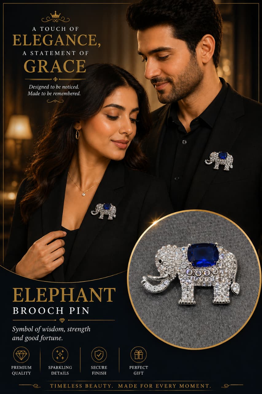 Elephant Brooch Pin for Men & Women – Crystal Elephant Lapel Pin with Blue Stone | Luxury Gold Plated Animal Brooch Gift