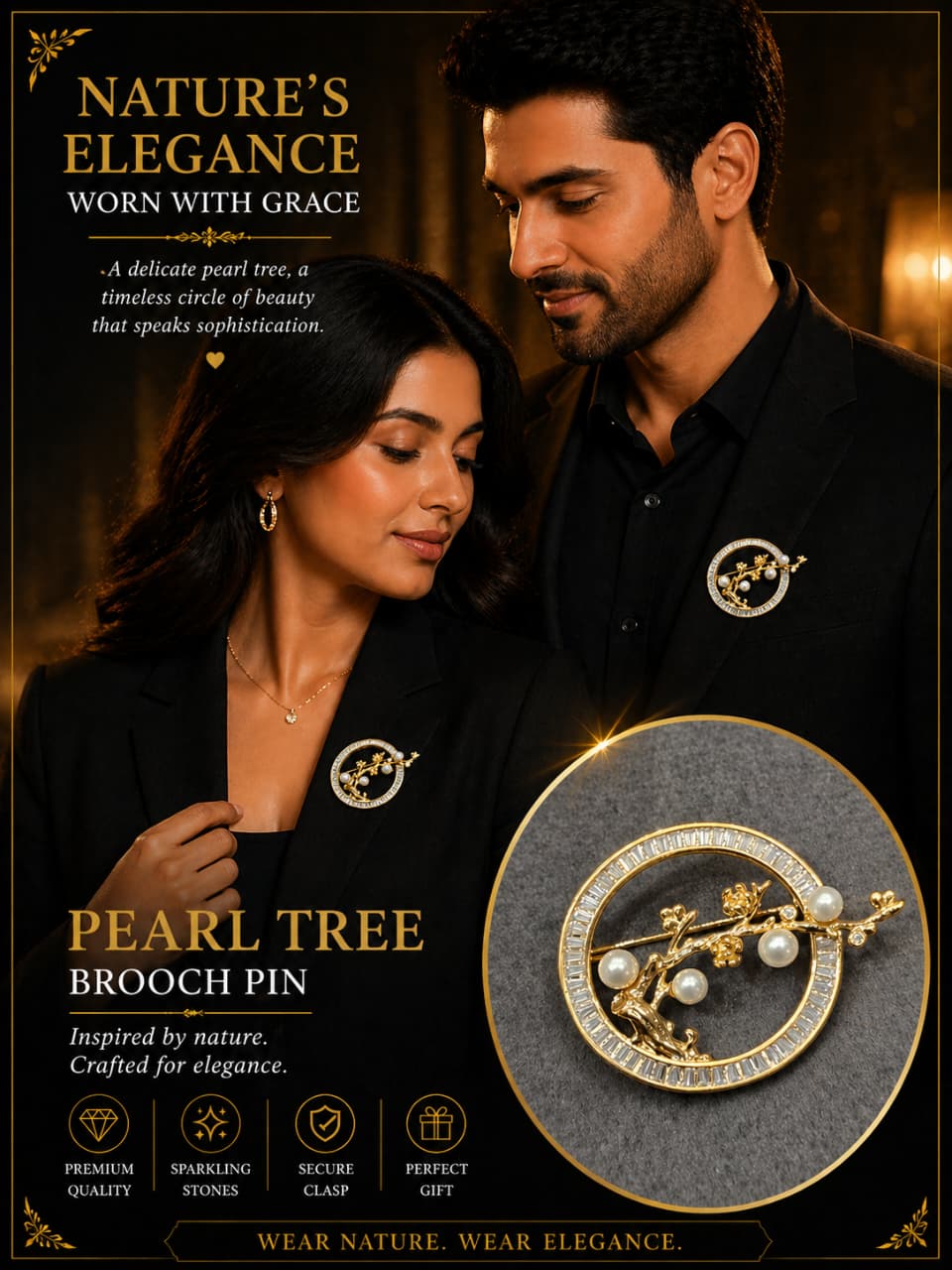 Pearl Tree Brooch Pin for Men & Women – Gold Plated Tree of Life Circle Brooch with Crystal & Pearl Accents | Elegant Unisex Lapel Pin Gift