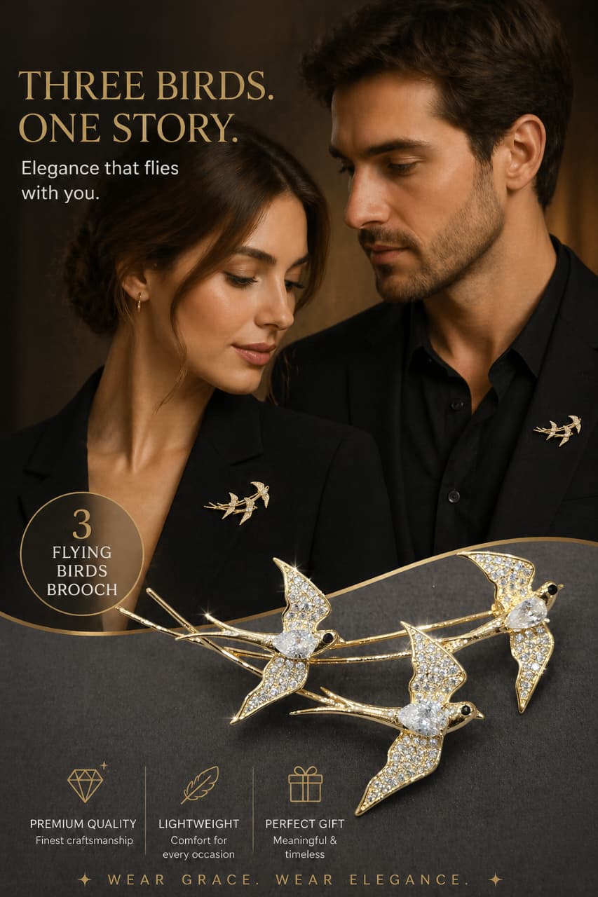 Triple Flying Birds Brooch Pin for Men & Women – Gold Plated Crystal Bird Lapel Pin | Elegant Unisex Statement Brooch