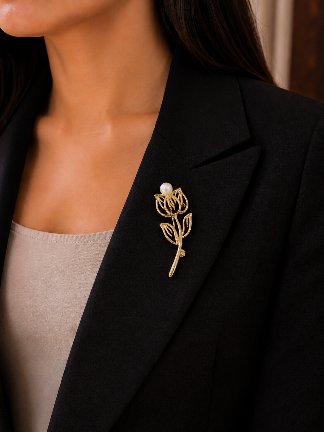 Elegant Gold Rose Brooch with Pearl – Minimal Floral Designer Pin