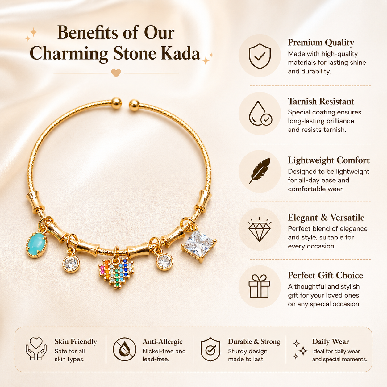 Gold Plated Charm Kada Bracelet for Women – Premium Heart Charm Adjustable Bracelet
