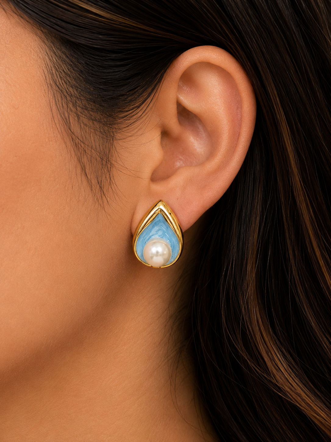 Luxury Blue-Grey Pearl Stud Earrings for Women – Designer Teardrop Enamel Earrings