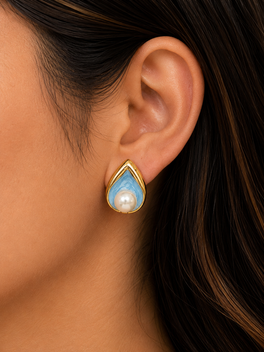 Luxury Blue-Grey Pearl Stud Earrings for Women – Designer Teardrop Enamel Earrings