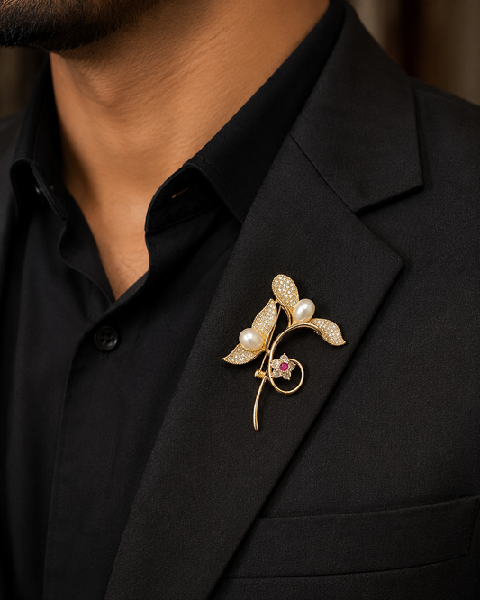 Luxury Pearl Floral Brooch Pin for Men & Women – Gold Crystal Designer Lapel Brooch
