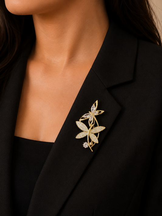 Luxury Crystal Floral Brooch Pin for Women – Gold Plated Designer Leaf Brooch