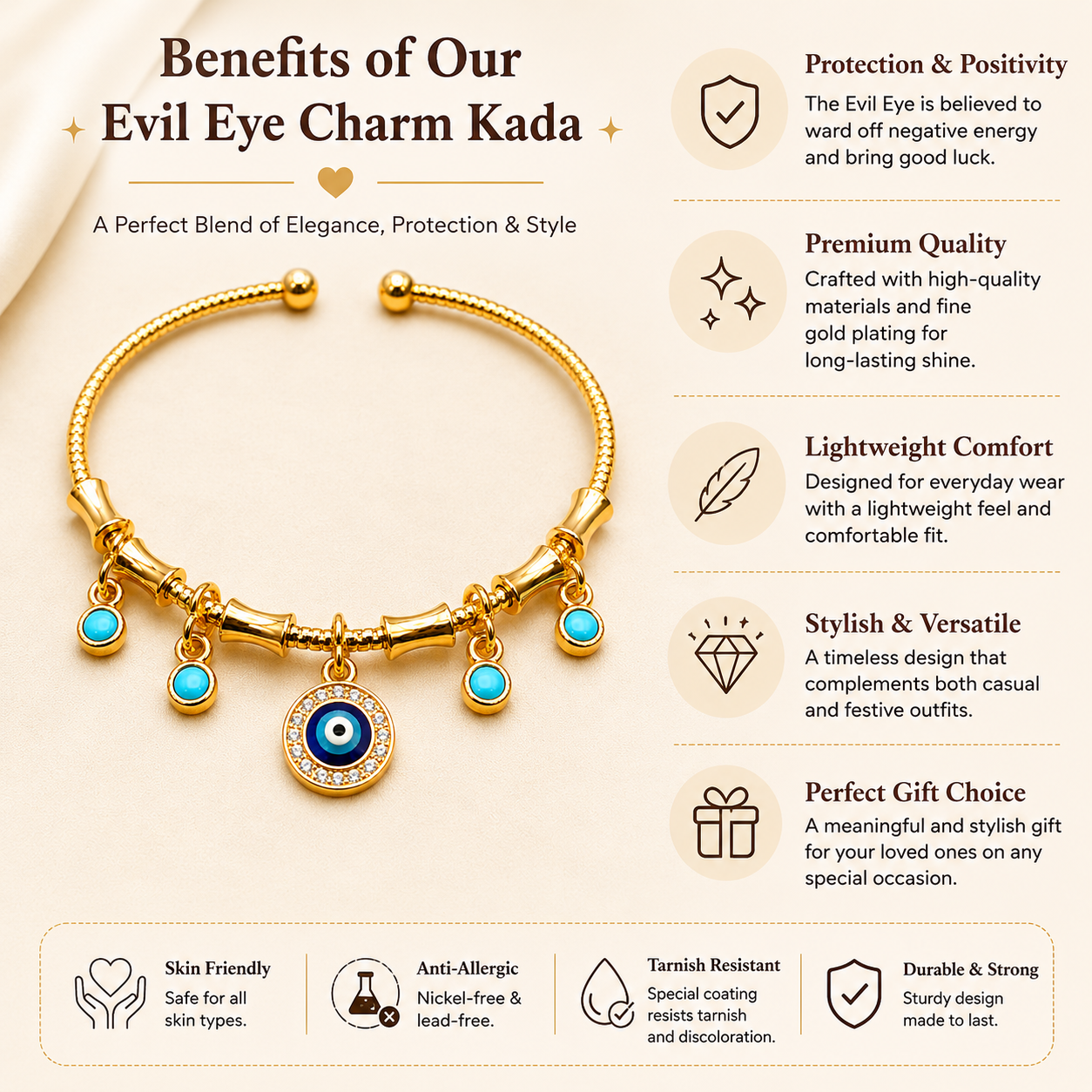 Evil Eye Gold Kada for Women – Adjustable Nazar Charm Fashion Kada with Blue Stone Charms