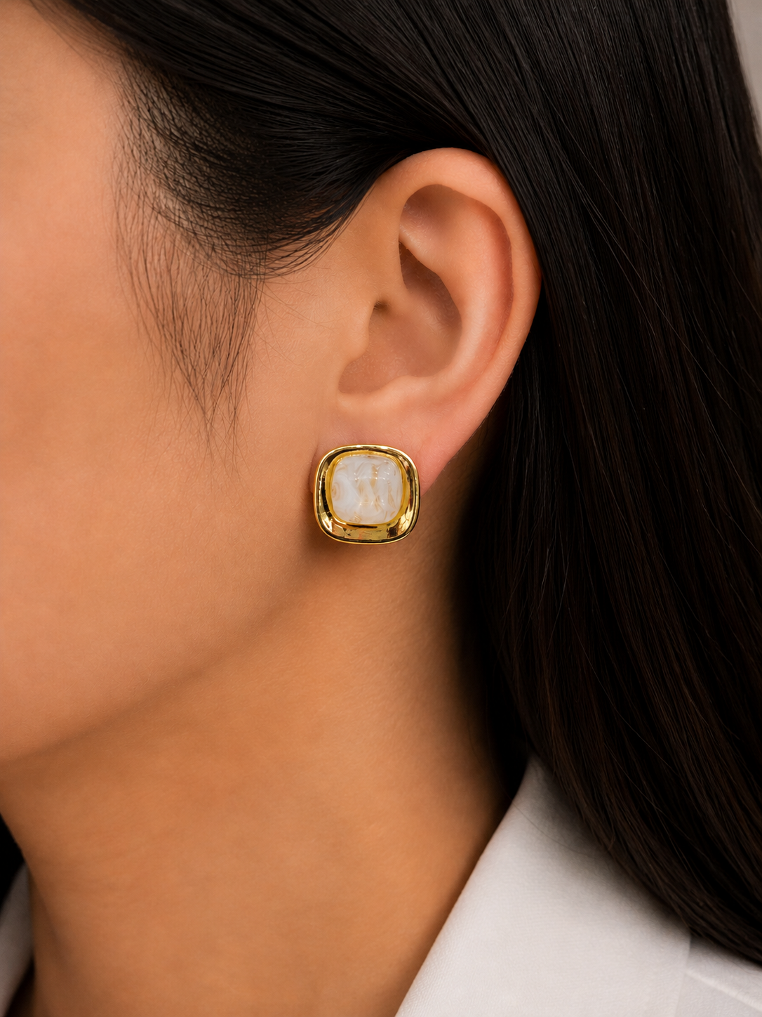 Luxury Gold Square Stud Earrings for Women – Elegant Pearl Finish Designer Earrings
