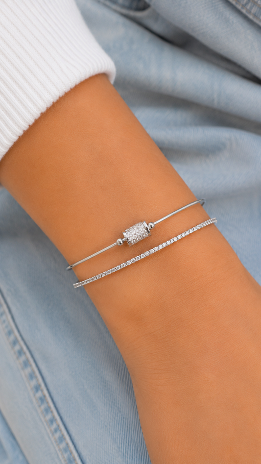 Silver Crystal Kada for Women – Elegant Dual Layer Adjustable Diamond Finish Kada