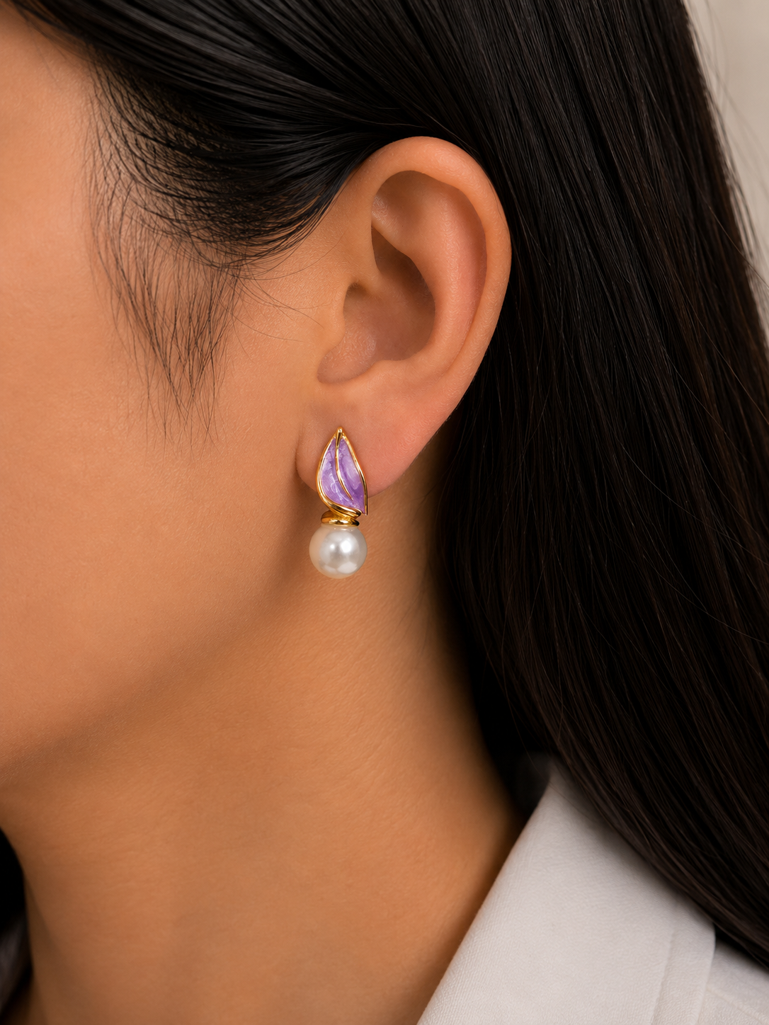 Luxury Pearl Drop Earrings for Women – Purple Enamel Leaf Designer Earrings