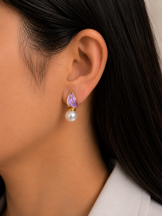 Luxury Pearl Drop Earrings for Women – Purple Enamel Leaf Designer Earrings