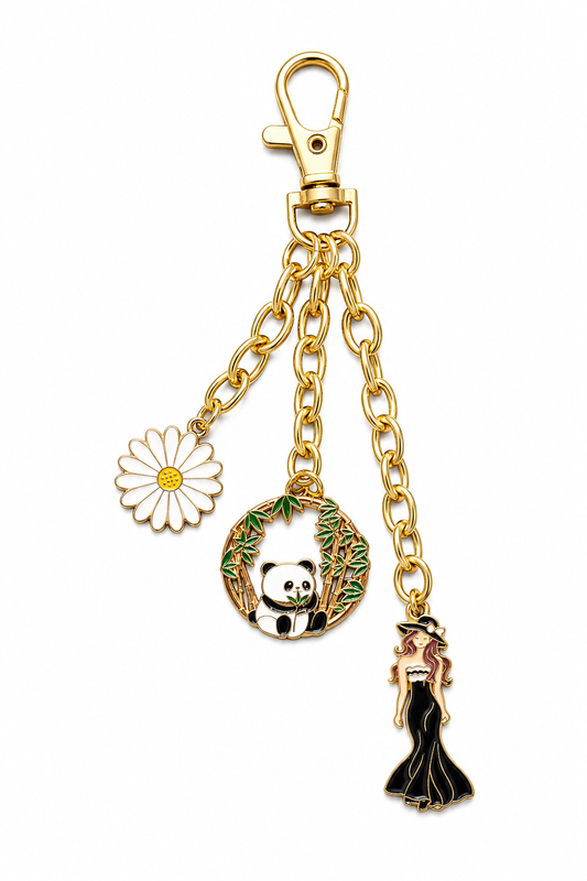 Cute Panda & Daisy Designer Keychain for Women – Premium Gold Metal Bag Charm & Key Ring