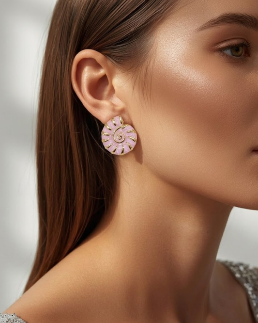 Pink Spiral Stud Earrings for Women | Gold-Plated Enamel Statement Studs | Elegant Lightweight Designer Jewelry