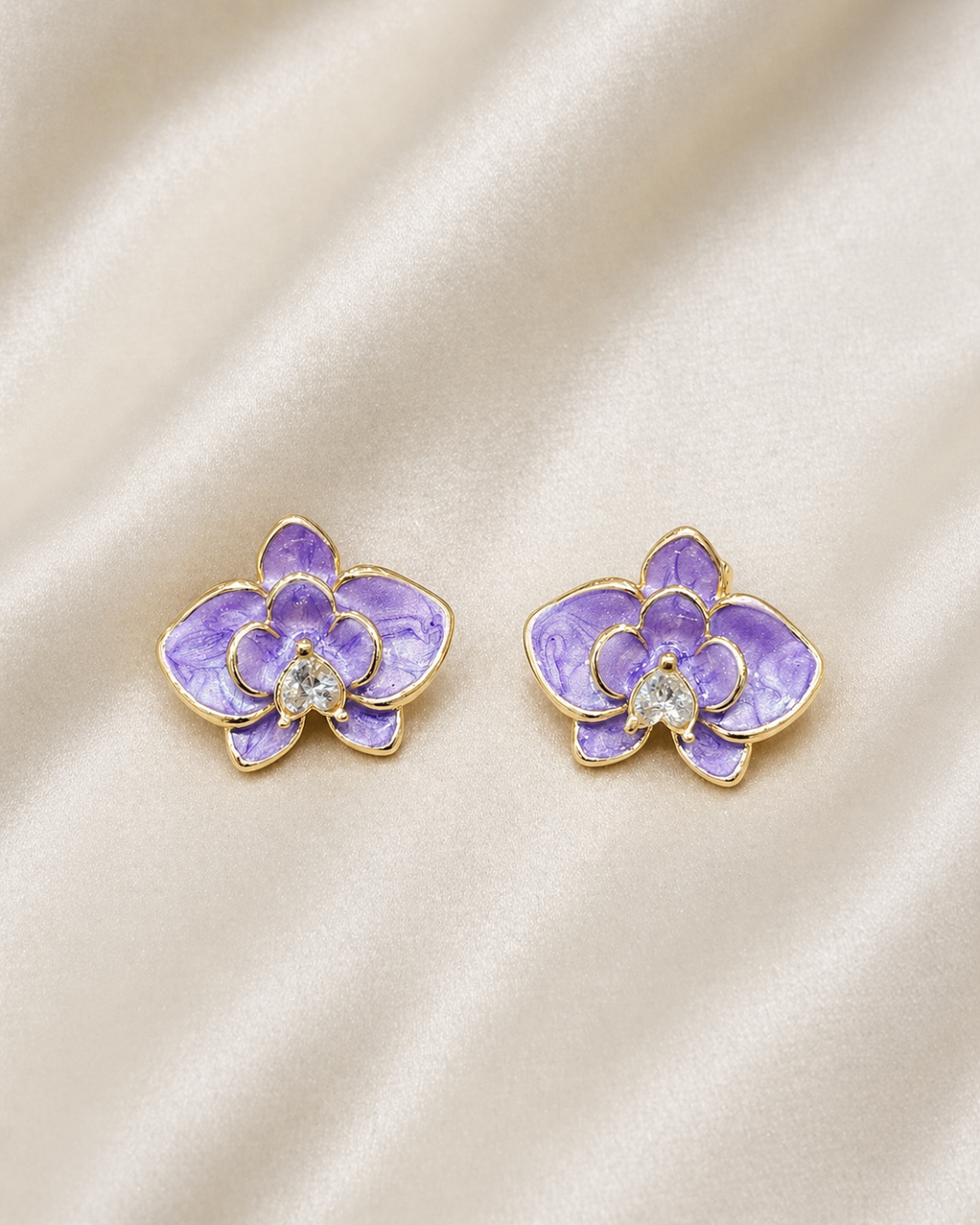 Purple Orchid Stud Earrings for Women | Gold-Plated Floral Enamel Earrings | Elegant Lightweight Designer Jewelry