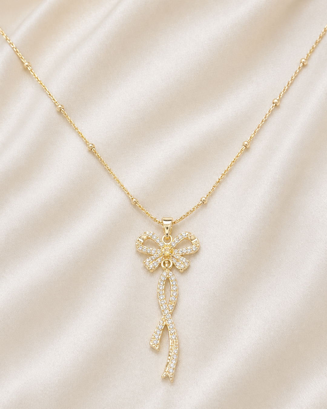 Gold Bow Pendant Necklace for Women – Crystal Bowknot Dangle Necklace | Elegant Minimalist Statement Jewelry Gift