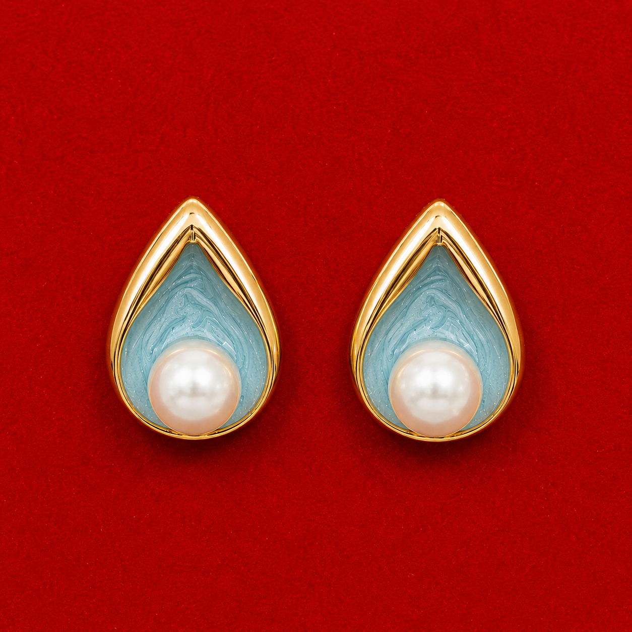 Luxury Blue-Grey Pearl Stud Earrings for Women – Designer Teardrop Enamel Earrings