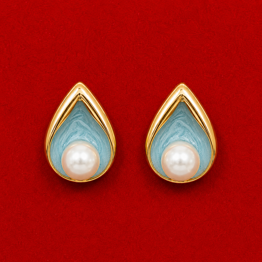 Luxury Blue-Grey Pearl Stud Earrings for Women – Designer Teardrop Enamel Earrings