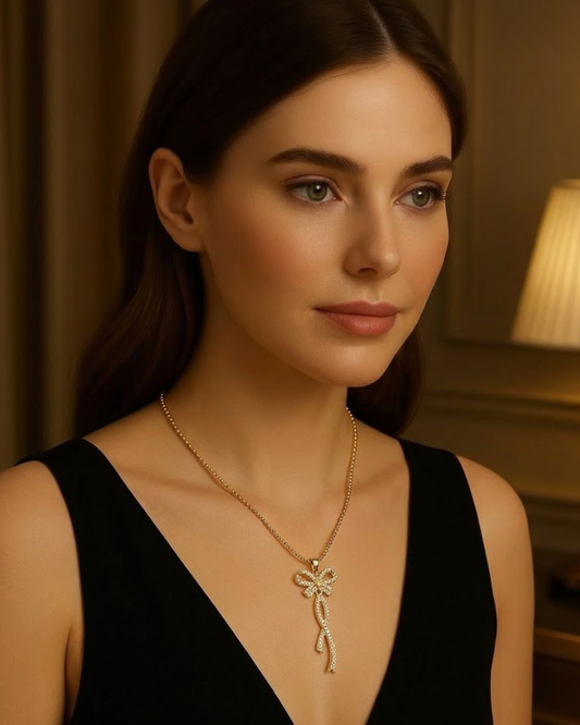 Gold Bow Pendant Necklace for Women – Crystal Bowknot Dangle Necklace | Elegant Minimalist Statement Jewelry Gift