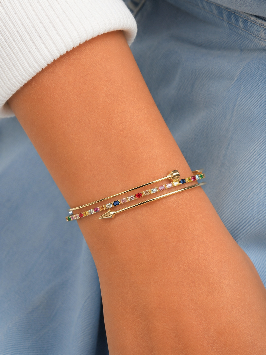 Multicolor Crystal Gold Kada for Women – Elegant Adjustable Arrow Design Kada