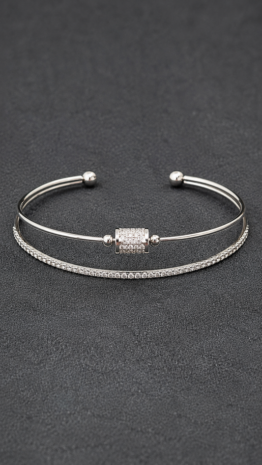 Silver Crystal Kada for Women – Elegant Dual Layer Adjustable Diamond Finish Kada