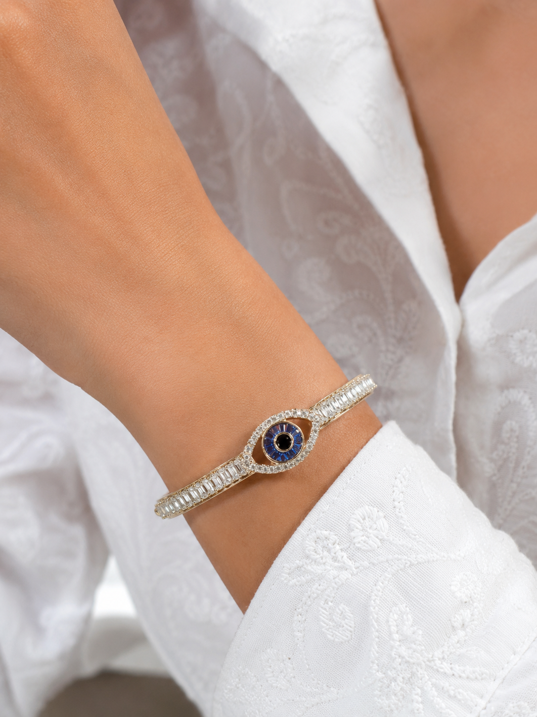Luxury Evil Eye Crystal Kada for Women – Adjustable Gold Plated Designer Bracelet