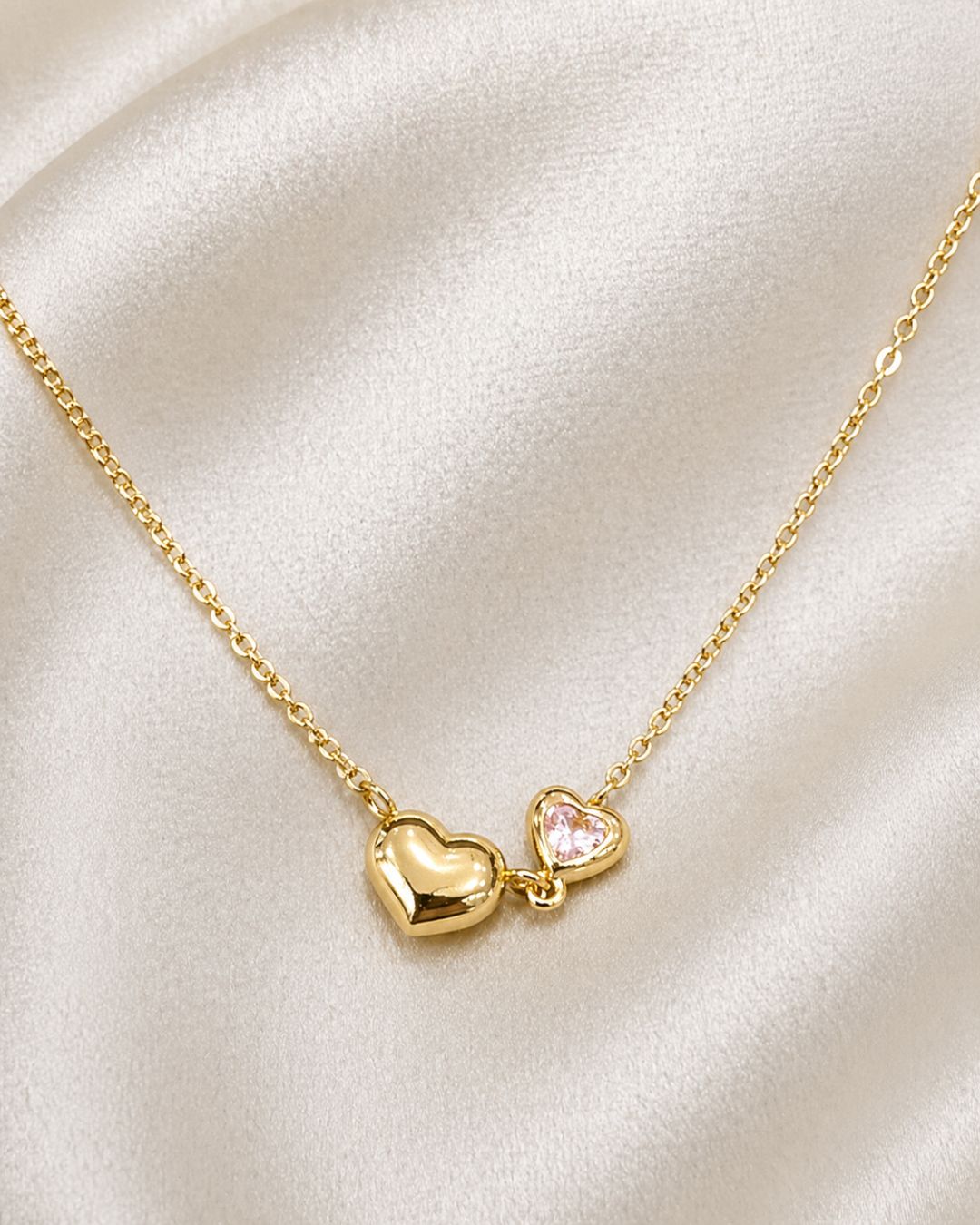 Gold Heart Pendant Necklace for Women – Double Heart Charm Necklace with Crystal Accent | Elegant Minimalist Love Jewelry