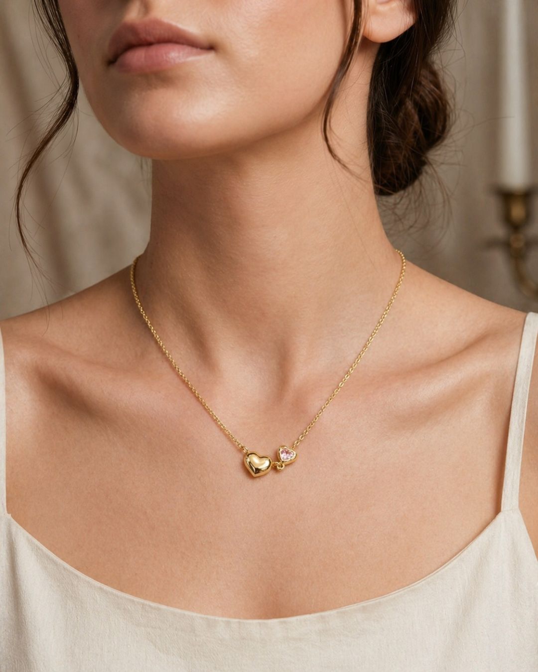 Gold Heart Pendant Necklace for Women – Double Heart Charm Necklace with Crystal Accent | Elegant Minimalist Love Jewelry