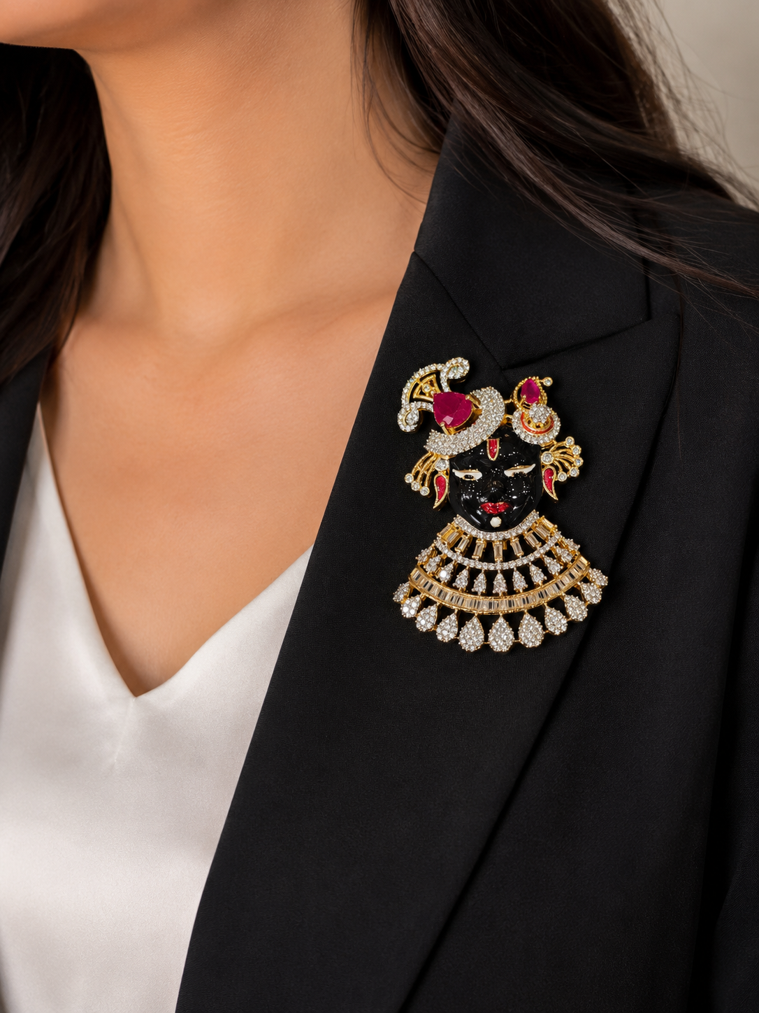 Designer Shreenathji Brooch – Luxury Ethnic Crystal Brooch Pin