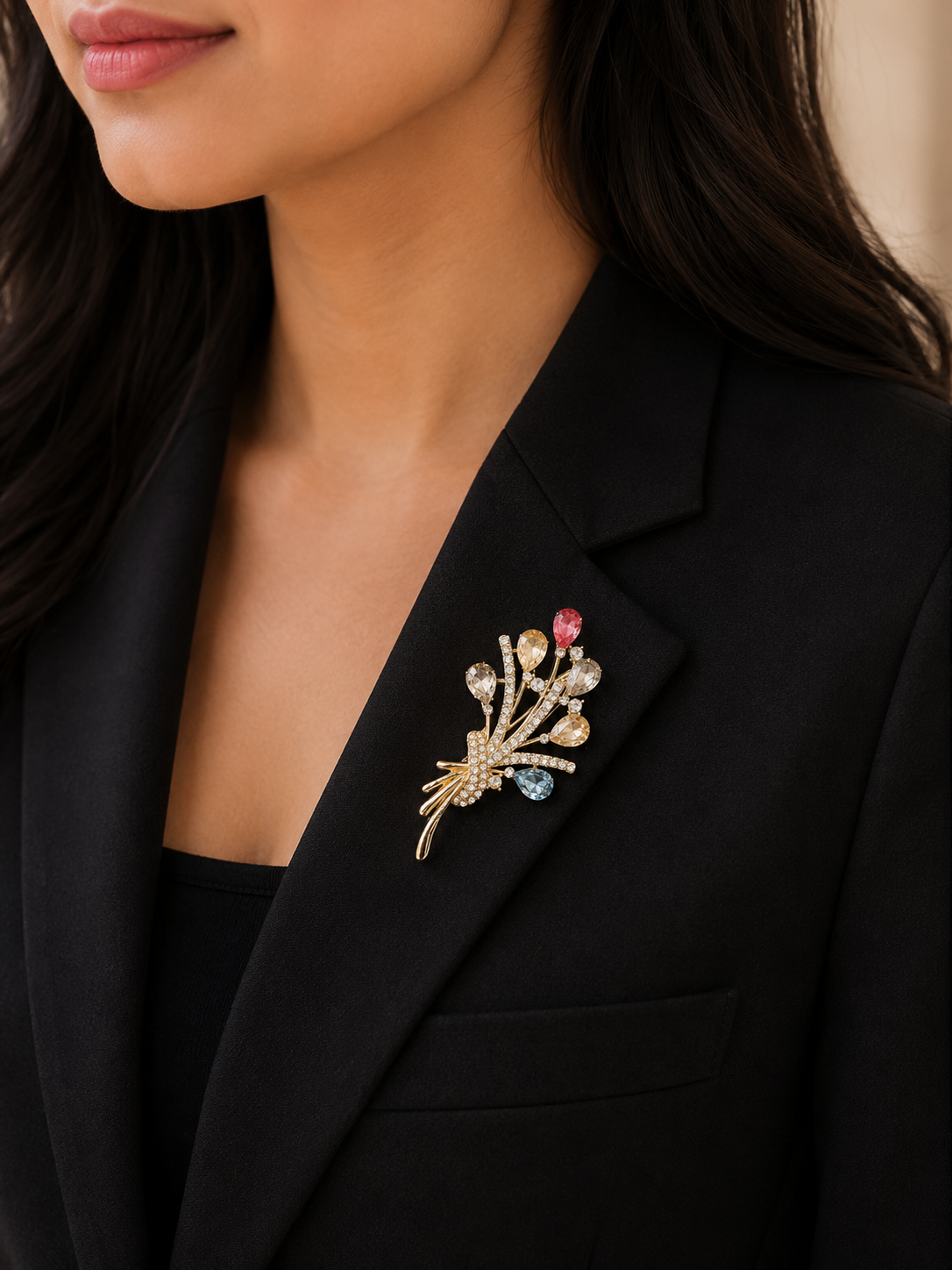 Luxury Multicolor Crystal Bouquet Brooch Pin for Men & Women – Premium Gold Finish Lapel Accessory