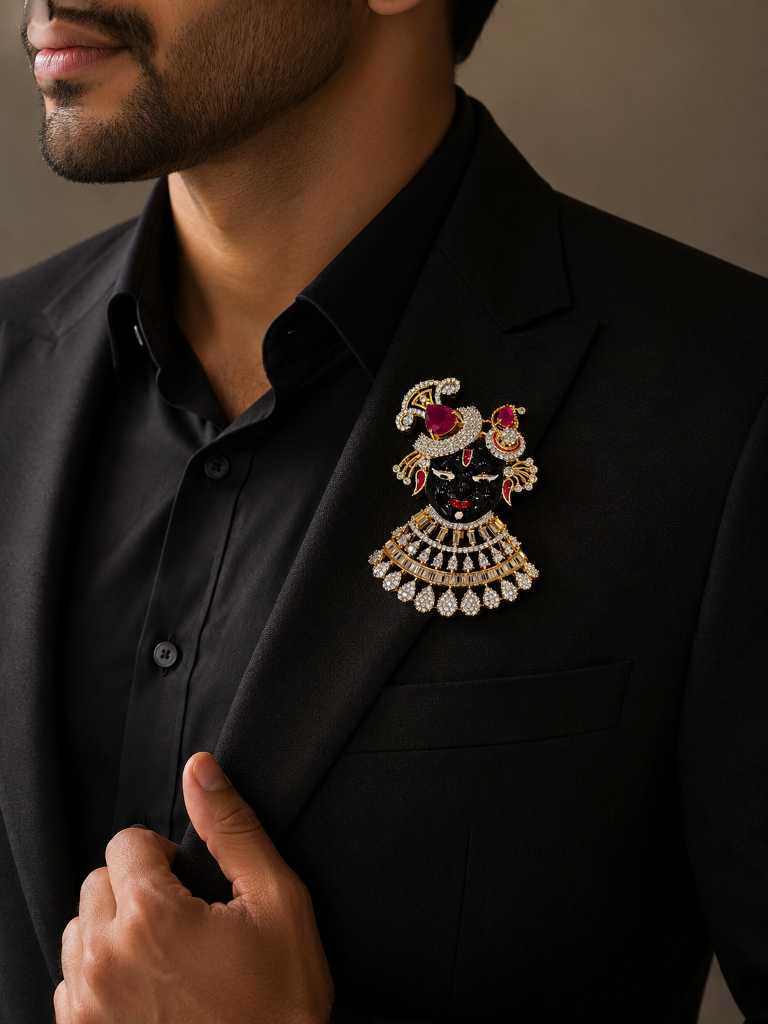Designer Shreenathji Brooch – Luxury Ethnic Crystal Brooch Pin