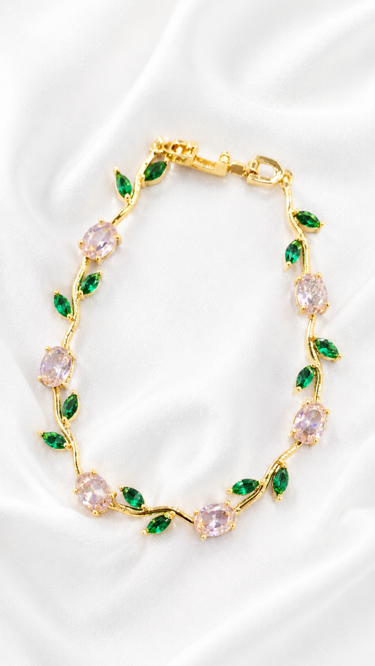 Elegant Tulip Crystal Bracelet for Women – Gold Plated Green Leaf & Pink Stone Bracelet