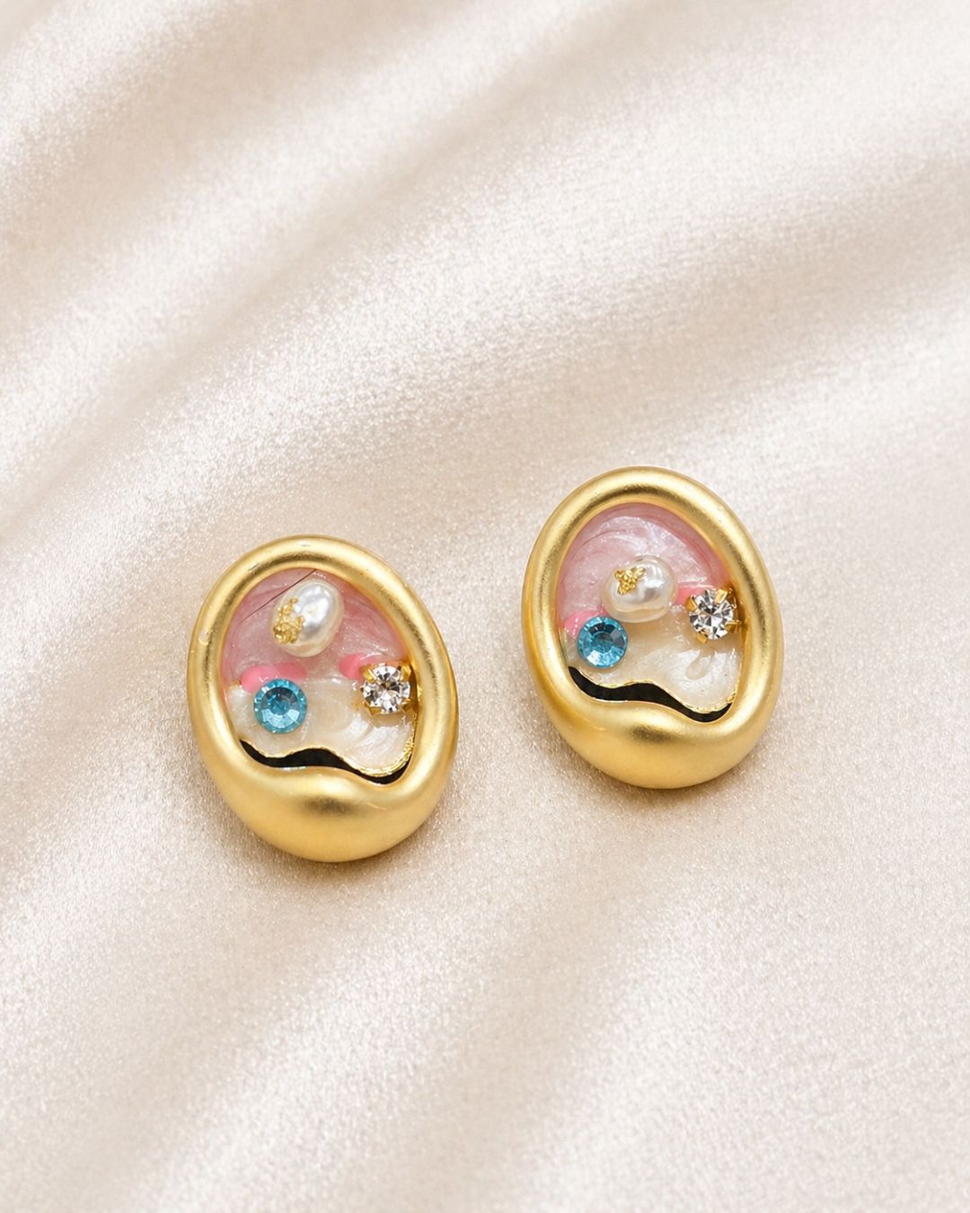 Oval Mosaic Pearl Stud Earrings for Women | Gold-Plated Designer Studs | Elegant Lightweight Jewelry
