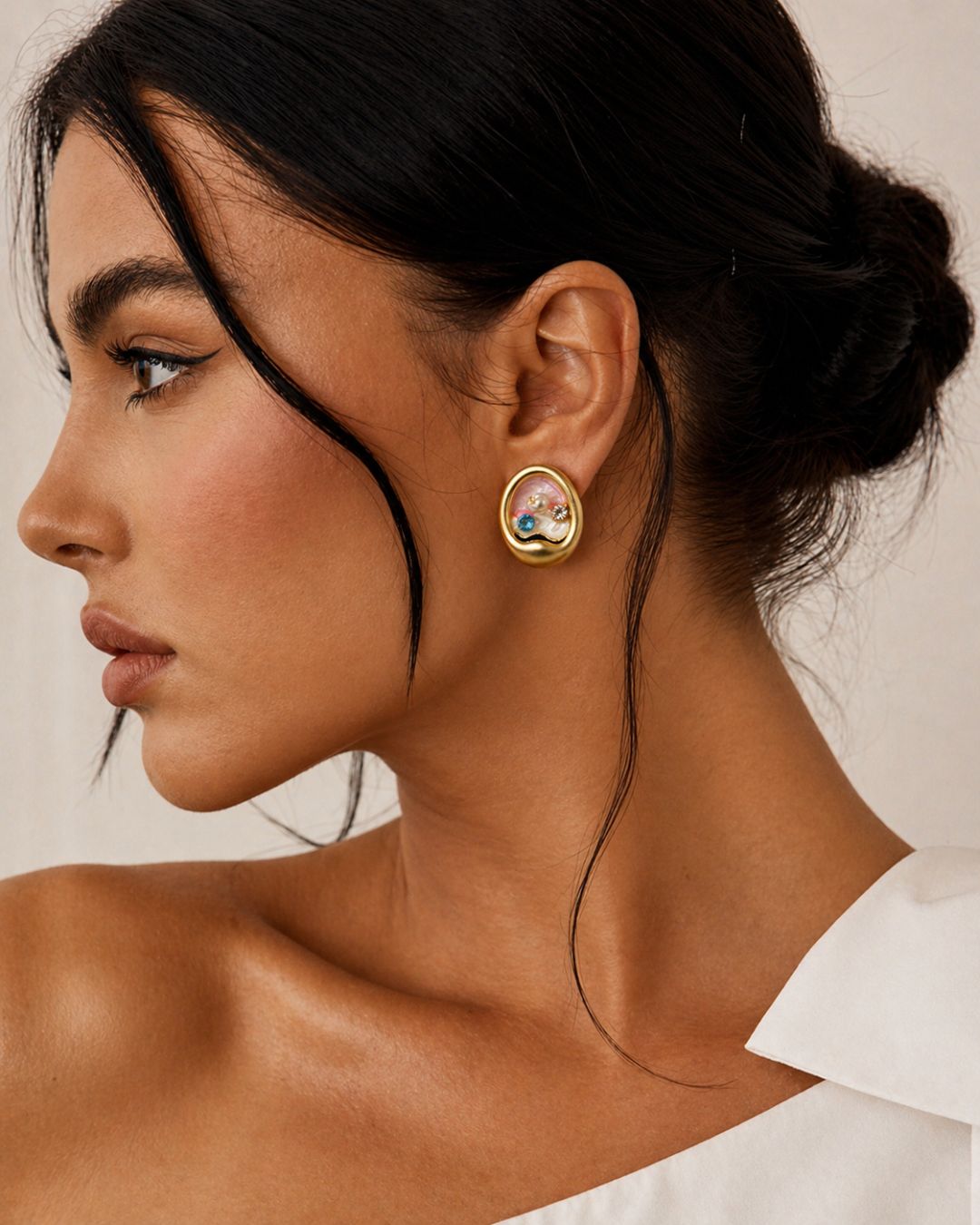 Oval Mosaic Pearl Stud Earrings for Women | Gold-Plated Designer Studs | Elegant Lightweight Jewelry