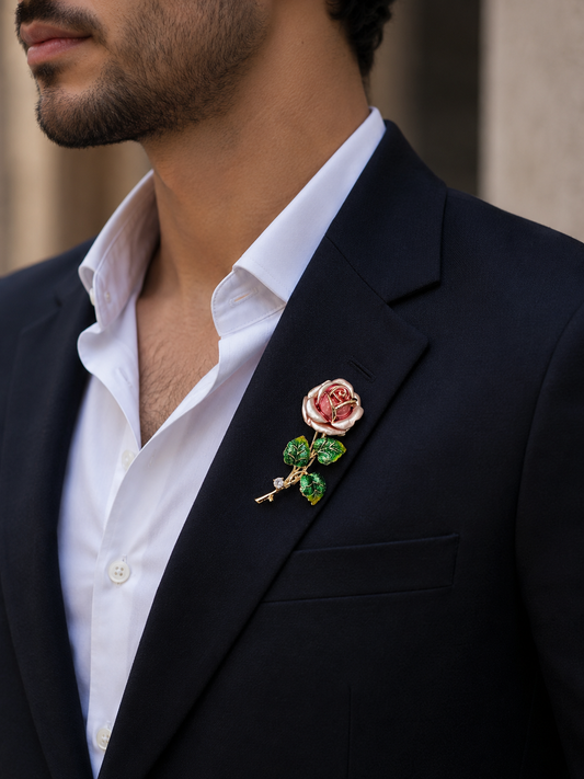 Blush Rose Floral Brooch Pin for Women & Men | Elegant Vintage Crystal Lapel Pin