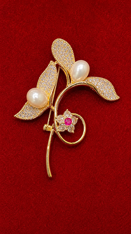 Luxury Pearl Floral Brooch Pin for Men & Women – Gold Crystal Designer Lapel Brooch